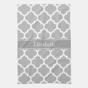 Gray White Moroccan #5 Dark Gray Name Monogram Towel