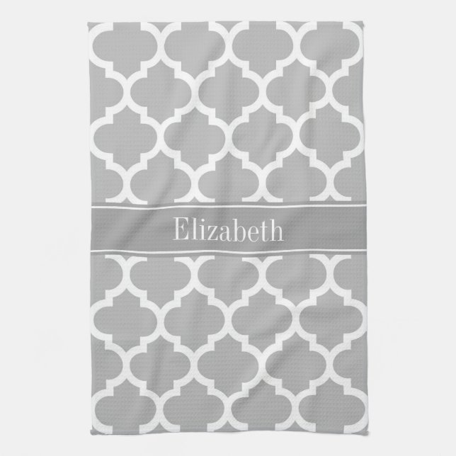 Gray White Moroccan #5 Dark Gray Name Monogram Towel (Vertical)