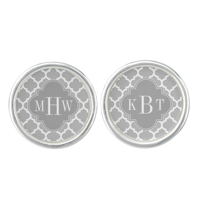 Gray White Moroccan #5 Gray 3 Initial Monogram Cufflinks (Front)
