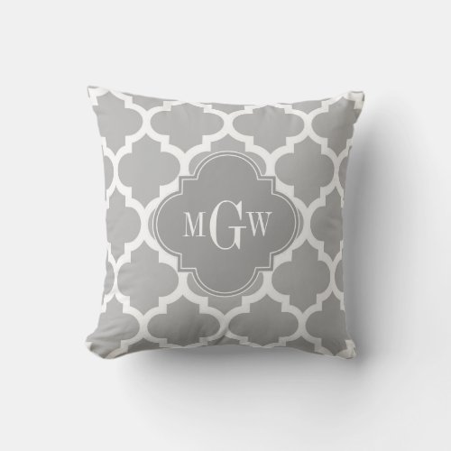 Gray White Moroccan 5 Gray 3 Initial Monogram Throw Pillow