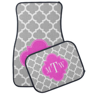 Gray White Moroccan #5 Hot Pink 3 Initial Monogram Car Floor Mat