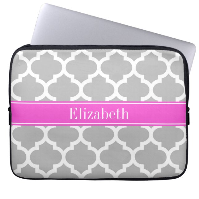 Gray White Moroccan #5 Hot Pink Name Monogram Laptop Sleeve (Front)