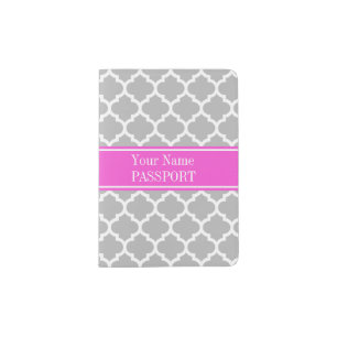 Gray White Moroccan #5 Hot Pink Name Monogram Passport Holder