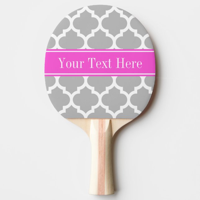 Gray White Moroccan #5 Hot Pink Name Monogram Ping-Pong Paddle (Front)