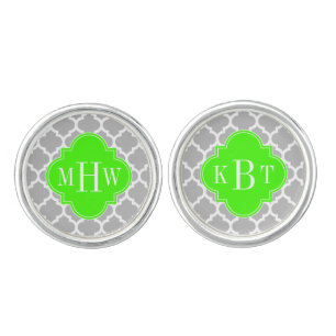 Gray White Moroccan #5 Lime Grn 3 Initial Monogram Cufflinks