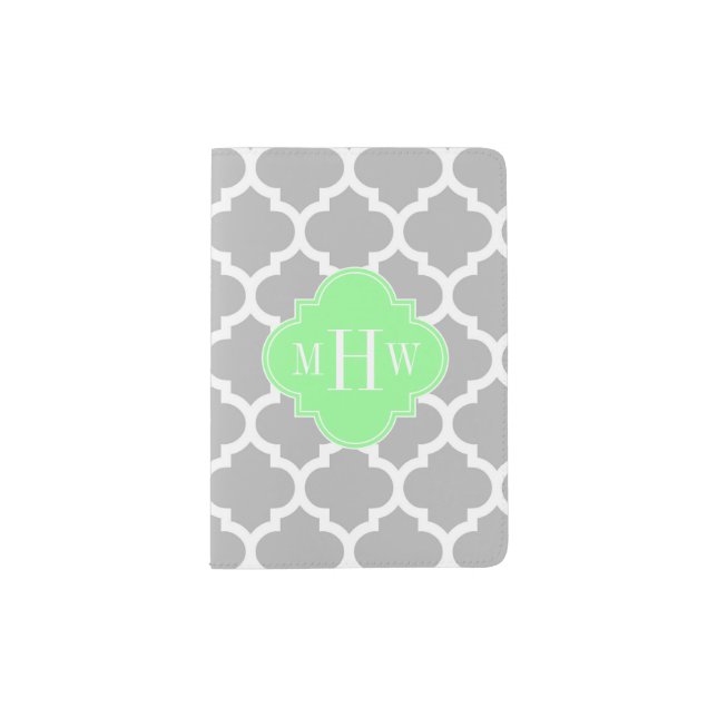 Gray White Moroccan #5 Mint Grn 3 Initial Monogram Passport Holder (Front)