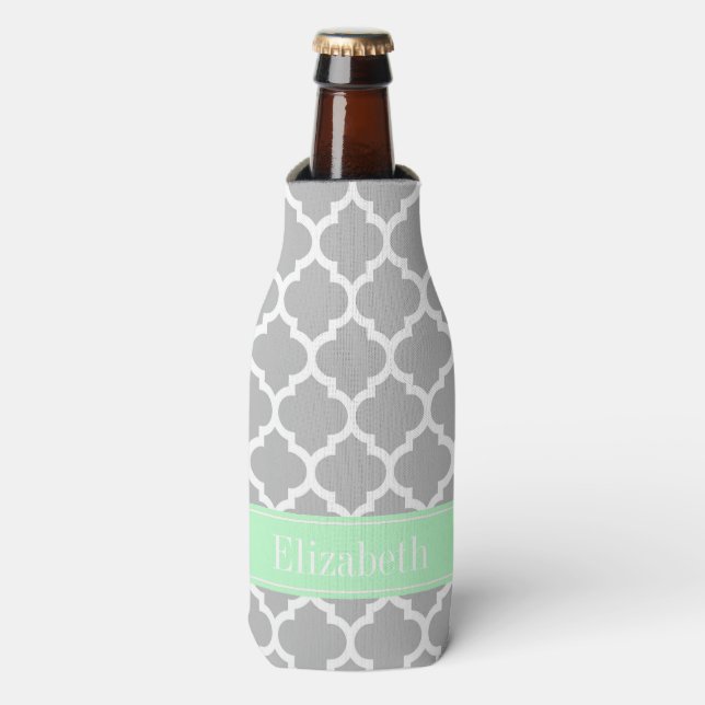 Gray White Moroccan #5 Mint Name Monogram Bottle Cooler (Bottle Front)