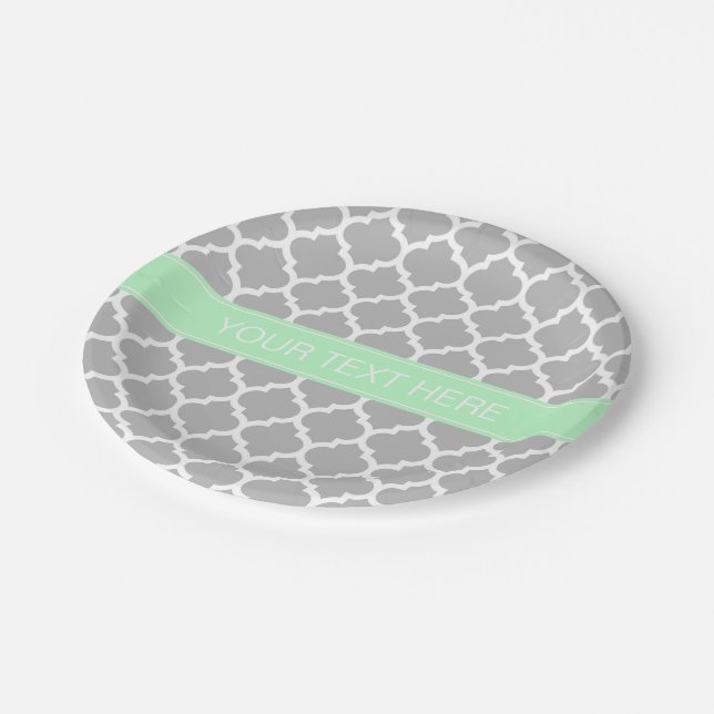Gray White Moroccan #5 Mint Name Monogram Paper Plates (Angled)