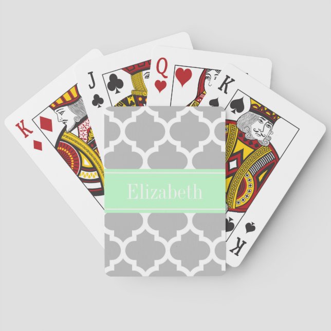 Gray White Moroccan #5 Mint Name Monogram Poker Cards (Back)