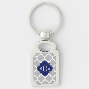 Gray White Moroccan #5 Navy 3 Initial Monogram Keychain