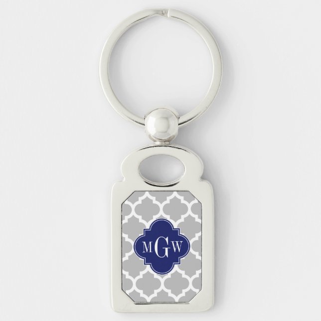 Gray White Moroccan #5 Navy 3 Initial Monogram Keychain (Front)