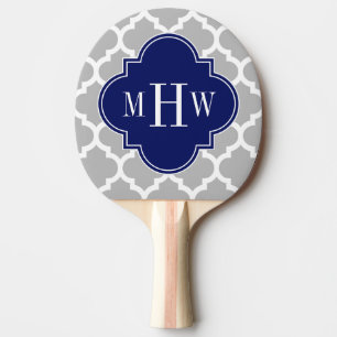 Gray White Moroccan #5 Navy 3 Initial Monogram Ping Pong Paddle