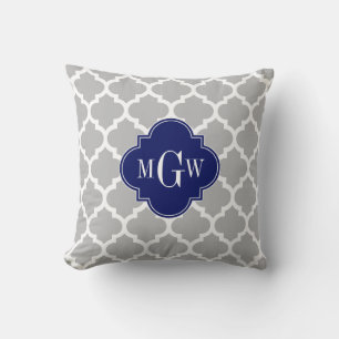 Gray White Moroccan #5 Navy 3 Initial Monogram Throw Pillow