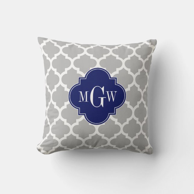 Gray White Moroccan #5 Navy 3 Initial Monogram Throw Pillow (Front)