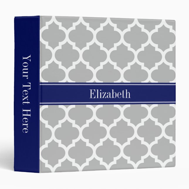 Gray White Moroccan #5 Navy Blue Name Monogram 3 Ring Binder (Front/Spine)