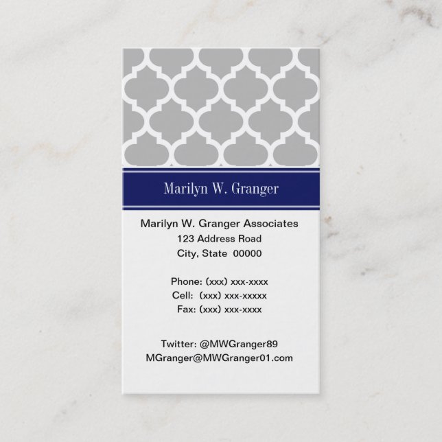 Gray White Moroccan #5 Navy Blue Name Monogram Business Card (Front)