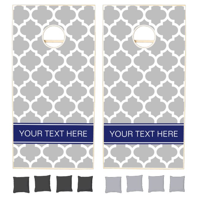 Gray White Moroccan #5 Navy Blue Name Monogram Cornhole Set (Set)
