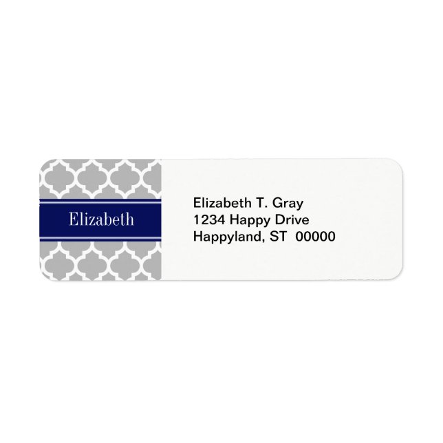 Gray White Moroccan #5 Navy Blue Name Monogram Label (Front)