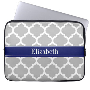 Gray White Moroccan #5 Navy Blue Name Monogram Laptop Sleeve