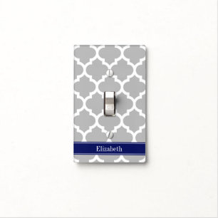 Gray White Moroccan #5 Navy Blue Name Monogram Light Switch Cover