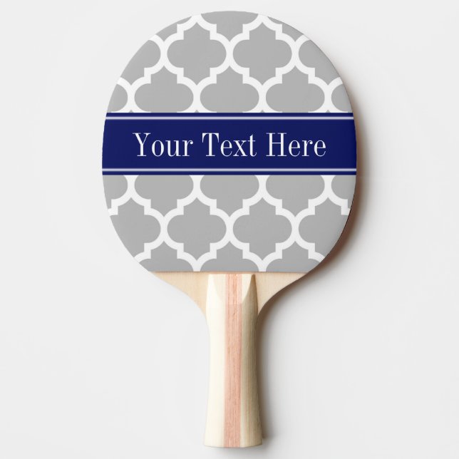 Gray White Moroccan #5 Navy Blue Name Monogram Ping Pong Paddle (Front)