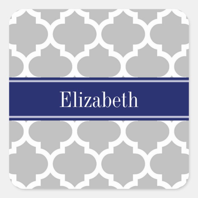 Gray White Moroccan #5 Navy Blue Name Monogram Square Sticker (Front)