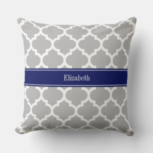 Gray White Moroccan #5 Navy Blue Name Monogram Throw Pillow