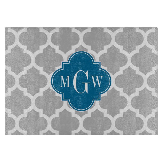 Gray White Moroccan #5 Peacock 3 Initial Monogram Cutting Board (Front)