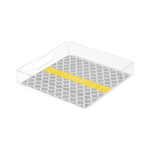 Gray White Moroccan #5 Pineapple Name Monogram Acrylic Tray