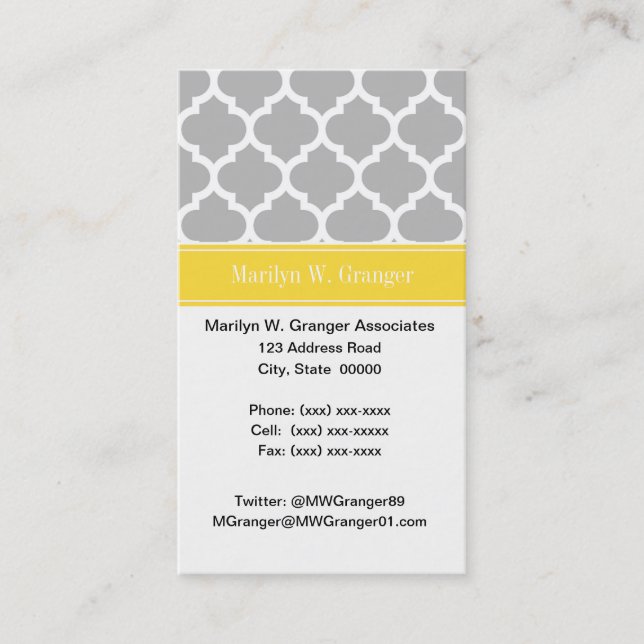 Gray White Moroccan #5 Pineapple Name Monogram Business Card (Front)