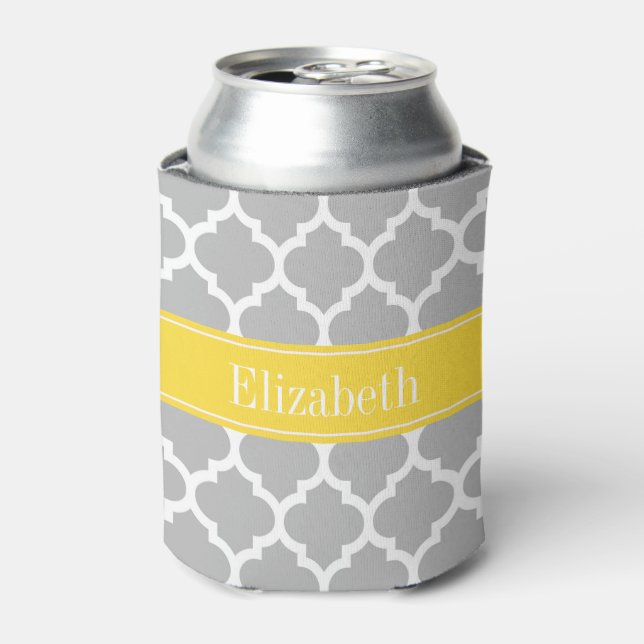 Gray White Moroccan #5 Pineapple Name Monogram Can Cooler (Can Front)