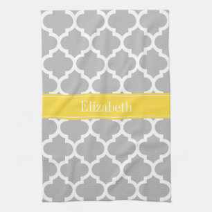 Gray White Moroccan #5 Pineapple Name Monogram Kitchen Towel