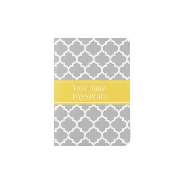 Gray White Moroccan #5 Pineapple Name Monogram Passport Holder (Front)