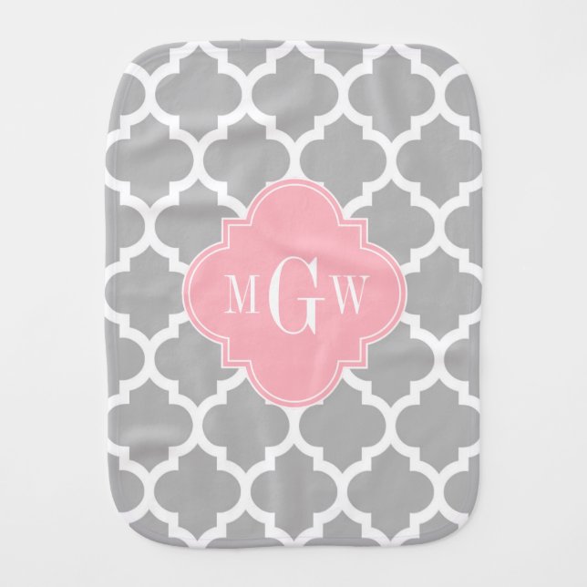 Gray White Moroccan #5 Pink 3 Initial Monogram Burp Cloth (Front)