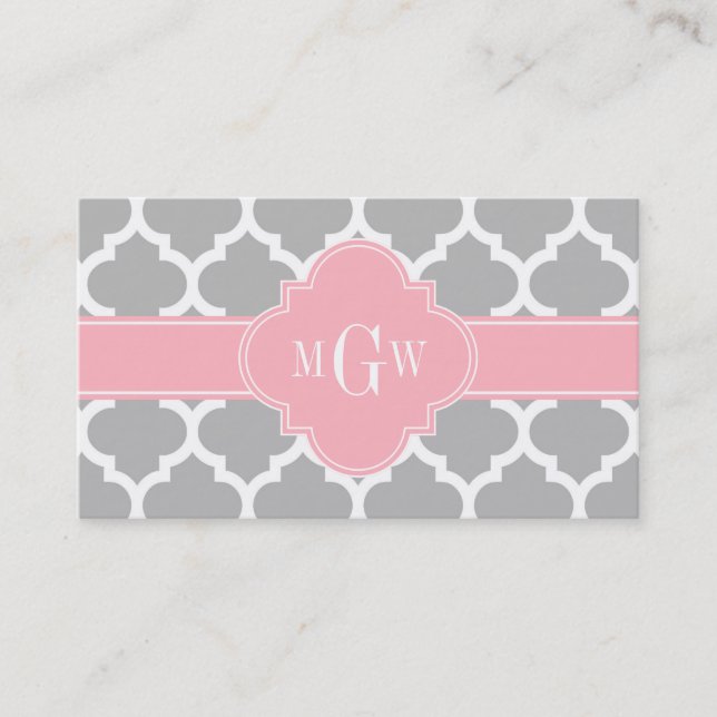 Gray White Moroccan #5 Pink 3 Initial Monogram Business Card (Front)