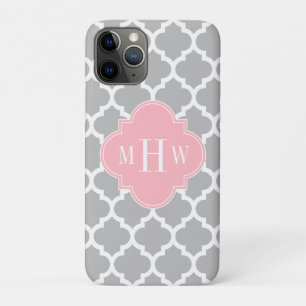 Gray White Moroccan #5 Pink 3 Initial Monogram iPhone 11 Pro Case