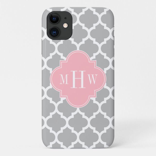 Gray White Moroccan #5 Pink 3 Initial Monogram Case-Mate iPhone Case (Back)