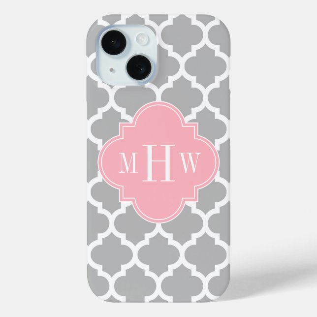 Gray White Moroccan #5 Pink 3 Initial Monogram Case-Mate iPhone Case (Back)