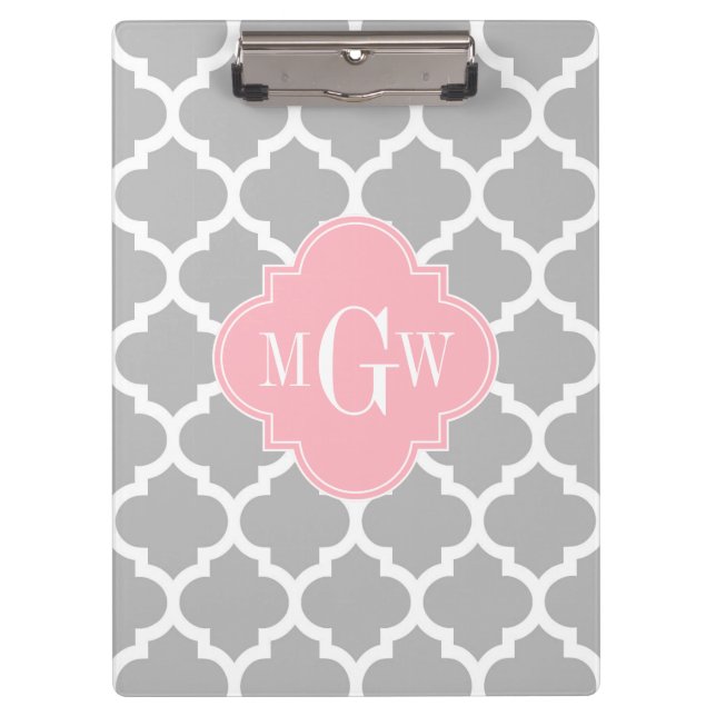 Gray White Moroccan #5 Pink 3 Initial Monogram Clipboard (Front)