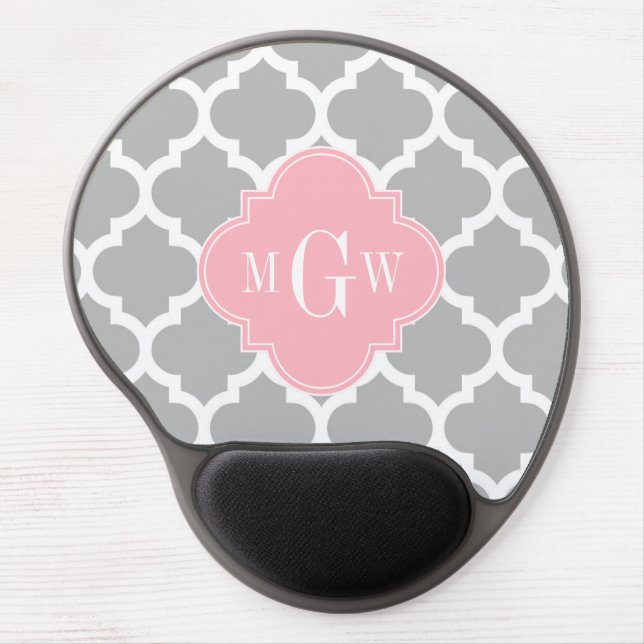 Gray White Moroccan #5 Pink 3 Initial Monogram Gel Mouse Pad (Front)