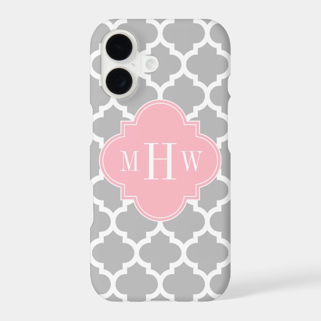 Gray White Moroccan #5 Pink 3 Initial Monogram Iphone Case (Back)