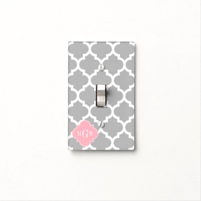 Gray White Moroccan #5 Pink 3 Initial Monogram Light Switch Cover (In Situ)
