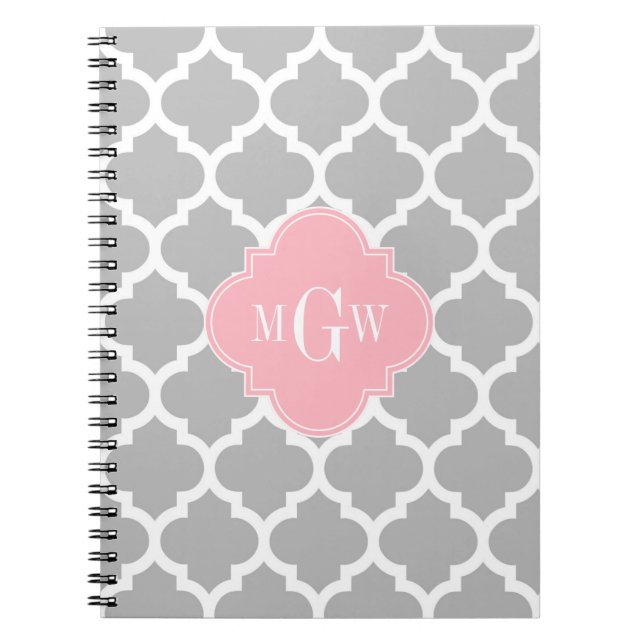 Gray White Moroccan #5 Pink 3 Initial Monogram Notebook (Front)