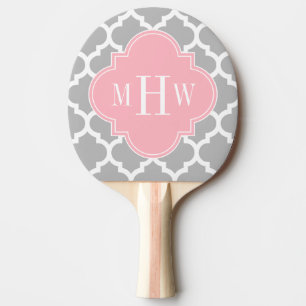 Gray White Moroccan #5 Pink 3 Initial Monogram Ping-Pong Paddle