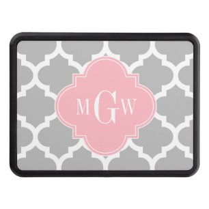 Gray White Moroccan #5 Pink 3 Initial Monogram Tow Hitch Cover