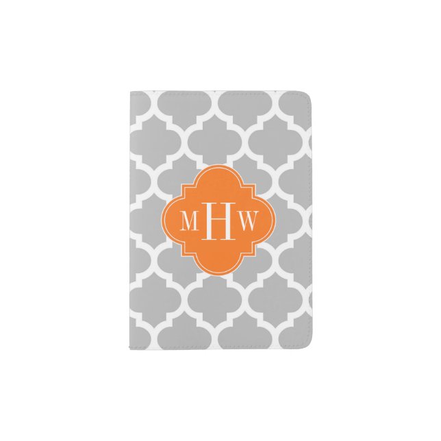 Gray White Moroccan #5 Pumpkin 3 Initial Monogram Passport Holder (Front)