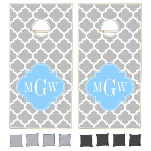 Gray White Moroccan #5 Sky Blue 3 Initial Monogram Cornhole Set