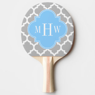 Gray White Moroccan #5 Sky Blue 3 Initial Monogram Ping Pong Paddle