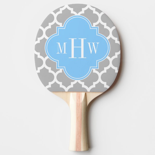 Gray White Moroccan #5 Sky Blue 3 Initial Monogram Ping Pong Paddle (Front)
