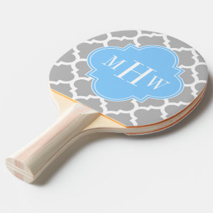 Gray White Moroccan #5 Sky Blue 3 Initial Monogram Ping-Pong Paddle